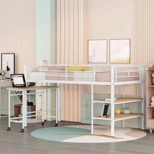 Vista 8 de anwickjeff Moderna cama baja tipo loft tamaño individual con escritorio y 2 estantes de almacenamiento para niños y adultos, marco de cama de metal