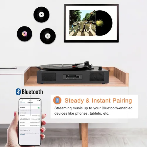 Vista 6 de Tocadiscos de vinilo Bluetooth con dos altavoces incorporados, grabación USB, transmisión por correa, 3 velocidades, tocadiscos para discos