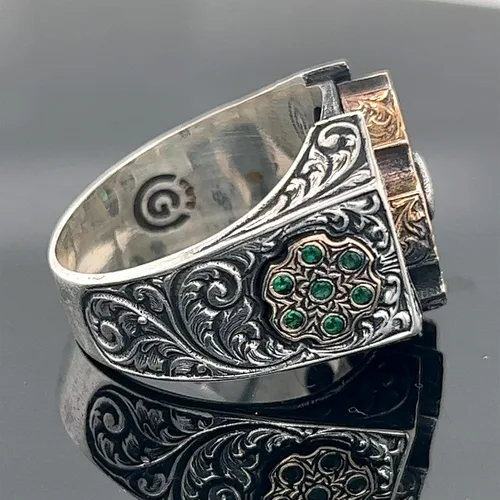 Vista 6 de Men Handmade Emerald Stone Ring, Rotating Split Ring, Micro Stone Ring, Ottoman Style Silver Ring, 925k Sterling Silver Ring