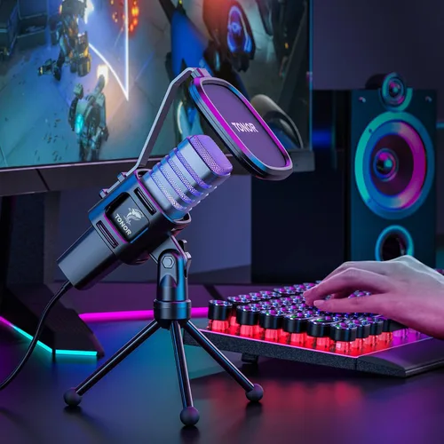 Vista 9 de TONOR Micrófono USB RGB, micrófono de condensador cardioide para computadora PC con soporte para trípode, filtro pop, soporte antivibración