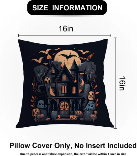 Vista 5 de Shrahala Funda de almohada decorativa de castillo oscuro de Halloween, casa con murciélagos de bruja, esqueleto, funda de almohada cuadrada mezclada