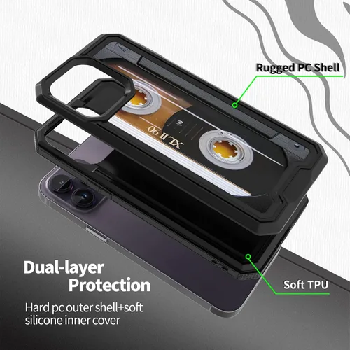 Vista 2 de Rossy Funda para iPhone 14 Pro Max con patrón de cinta de casete de audio para mujeres y hombres, 2 en 1, híbrida de doble capa, resistente, a