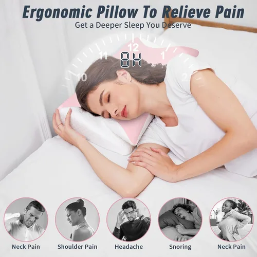 Vista 2 de Almohadas ergonómicas de espuma viscoelástica, almohada ortopédica para dormir de lado, dormir de lado, dolor de cuello, cama, espalda, hombro Rosa