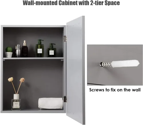 Vista 7 de Tangkula Armario de baño con espejo, gabinete de almacenamiento de montaje en pared con puertas individuales, botiquín colgante para baño (gris)