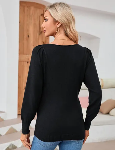 Vista 6 de KOJOOIN Tops de maternidad para mujer, suéteres casuales con cuello en V, manga larga abombada, punto acanalado, para otoño, embarazo, babydoll