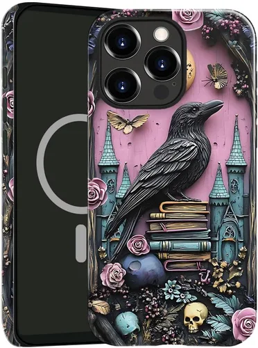 Vista 9 de Funda compatible con iPhone 13, compatible con MagSafe, funda híbrida de 2 capas con prevención de caídas brillante para niñas y niños, arte floral