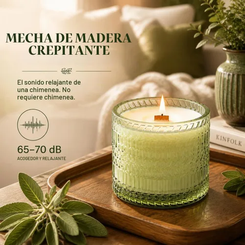 Vista 4 de Velas perfumadas de salvia y cítricos, con mecha de madera crepitante, vela de soja, 7.4 onzas, velas naturales no tóxicas, 55 horas de combustión