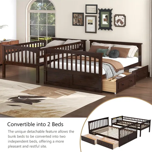 Vista 4 de Merax Litera individual sobre matrimonial con dos cajones de almacenamiento, litera convertible que se puede convertir en dos sofás cama (expresso)