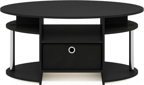 Vista 6 de Furinno Jaya Mesa de Centro Ovalada de Diseño Simple con Contenedor para Sala de Estar, Americano/Cromo/Negro