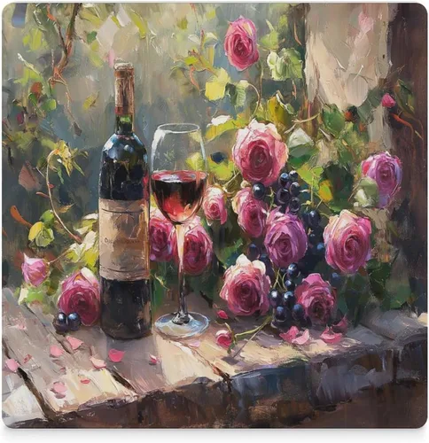 Vista 3 de 4 posavasos de vino tinto, cuadrados y modernos posavasos absorbentes de cerámica, estilo de pintura al óleo, vintage, vino tinto, uvas, rosa