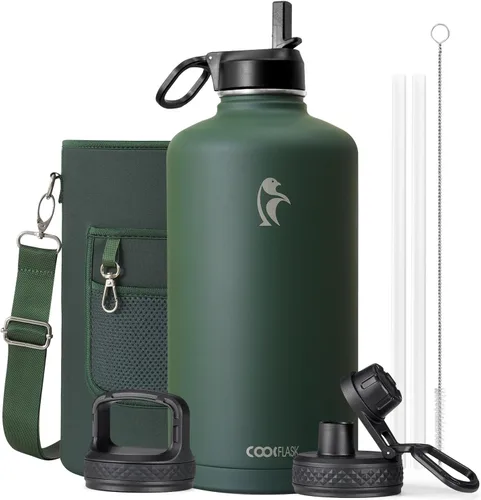 Vista 106 de Coolflask Botella de agua de 20 onzas aislada con pajilla, 3 tapas de metal de acero inoxidable, botella de agua de boca ancha para deportes u