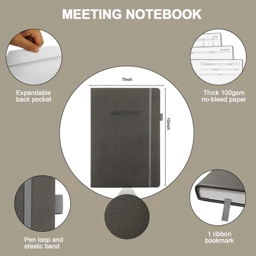 Vista 2 de CalenDream Cuaderno de reuniones para organización del trabajo, cuaderno planificador de trabajo con artículos de acción, cubierta de cuero vegano