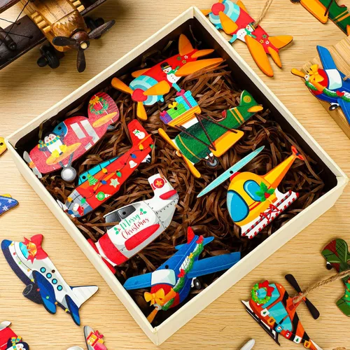 Vista 3 de Pinkunn Juego de 36 adornos colgantes de Navidad para vehículos, adornos de madera para transporte, regalos temáticos para decoración del árbol