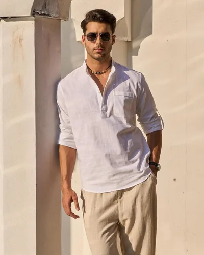Vista 3 de J.VER Camisa de lino para hombre, de manga larga, de algodón, casual, para playa, Henley, cuello de banda, con bolsillo