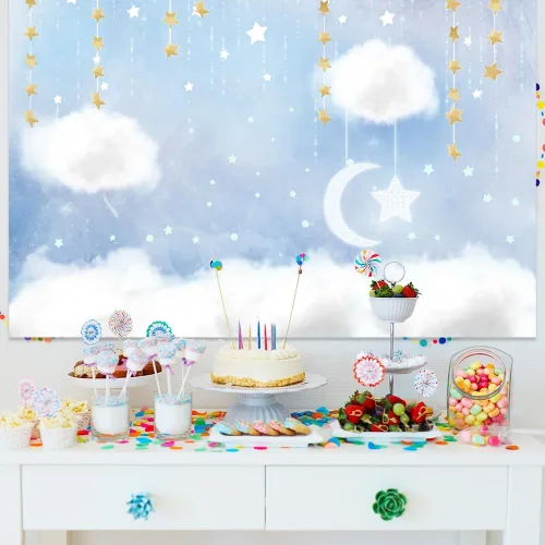 Vista 5 de MEHOFOTO - Telón de fondo de estudio fotográfico de nube azul y blanca, accesorios de fondo de príncipe para cumpleaños, baby shower, decoración