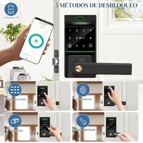 Vista 2 de Cerradura de puerta automática de entrada sin llave, cerradura inteligente con perilla de puerta, huella digital biométrica, código de acceso