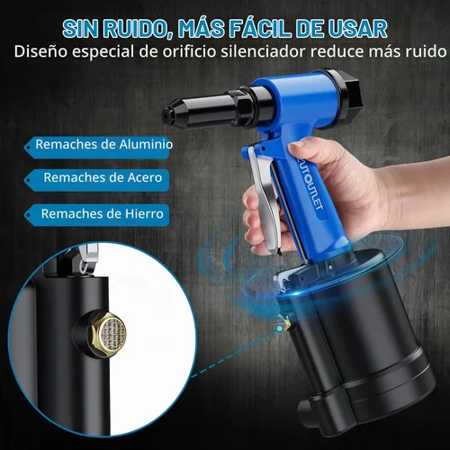Vista 3 de AUTOUTLET Kit de pistola de remache neumática, remachadora resistente, 4 tamaños, herramienta de remachado hidráulico de aire para campos