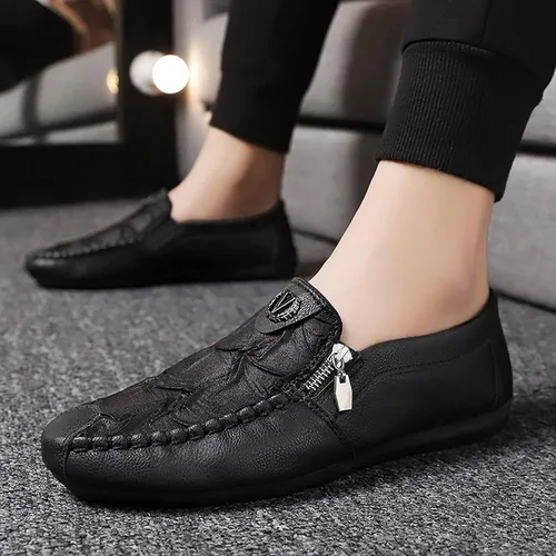 Vista 6 de Mocasines de cuero vintage con cremallera para hombre, cómodos, suela suave, zapatos náuticos, elegantes y casuales para conducir y caminar