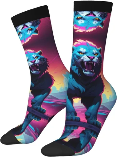 Vista 2 de Synthwave Sabertooth Patterns Stretch Mid-Calf Socks - Designed specifically for running, stylish and breathable for training.