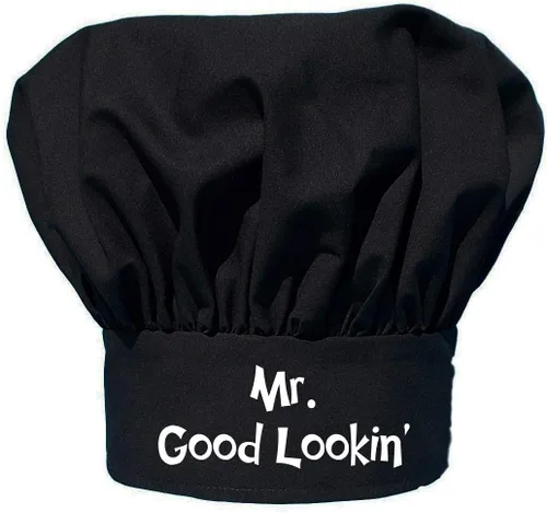 Vista 4 de CoolAprons Juego de delantal y sombrero de chef Mr. Good Lookin' Is Cookin', negro, regalo de barbacoa para hombres, delantales divertidos