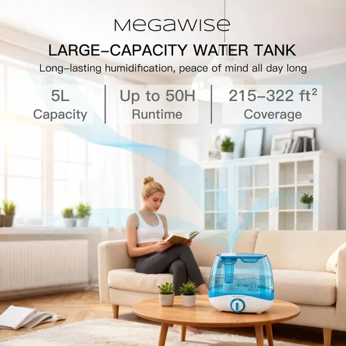 Vista 3 de MegaWise Humidificadores para dormitorio y hogar, humidificador de niebla fría de 5.0L para plantas caseras y viveros de bebés, humidificador