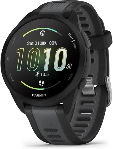 Vista 2 de Garmin Forerunner 165 Smart Sport Watch, Black + Slate Gray 010-02863-20 Bundle with Deco Essentials 3X Nylon Elastic Bands, 3X Silicone Dust Cover