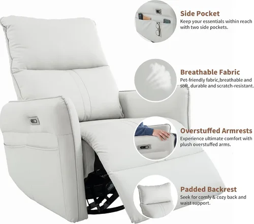 Vista 5 de Silla reclinable giratoria de 270 grados, sofá reclinable eléctrico de piel sintética con puertos USB, color gris claro