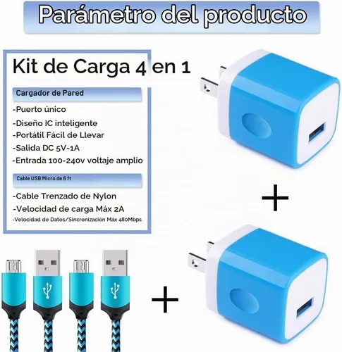 Vista 2 de Cargador de teléfono Android Micro Cable, paquete de 4 enchufes de pared 1A Azul