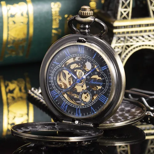 Vista 4 de ManChDa Reloj de bolsillo mecánico de esqueleto antiguo para hombre Dragon Hollow Hunter con cadena y caja, Mecánico