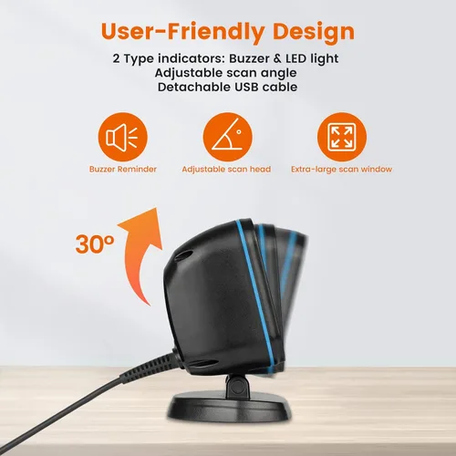 Vista 3 de OBZ Escáner de código de barras de escritorio 2D omnidireccional manos libres USB lector de código de barras, PDF417 escáner de matriz de datos