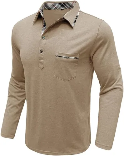 Vista 3 de Aulemen - Camisas polo de manga larga para hombre casuales con botones, absorbentes de humedad, de algodón, elegantes, camisetas para golf