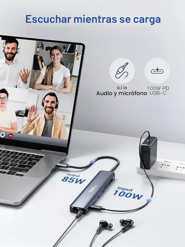 Vista 6 de Dockteck Hub USB-C 9 en 1: HDMI 4K a 60Hz, Ethernet, 100W PD, audio, 2 x USB-A 5 Gbps, lector de tarjetas SD/TF para MacBook, iPad, XPS, Microsoft