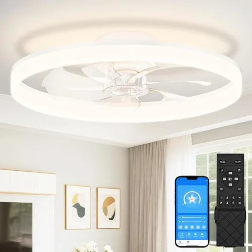 Vista 9 de VOLISUN Ventiladores de techo pequeños de 13 pulgadas con luces y control remoto, ventiladores de techo de perfil bajo con luz, luz de techo LED