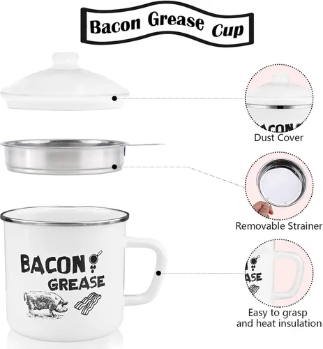 Vista 2 de Recipiente de grasa de tocino de 1.5 L con colador, recipiente grande de 46 onzas de esmalte rústico con tapa y cuchara, protector de grasa