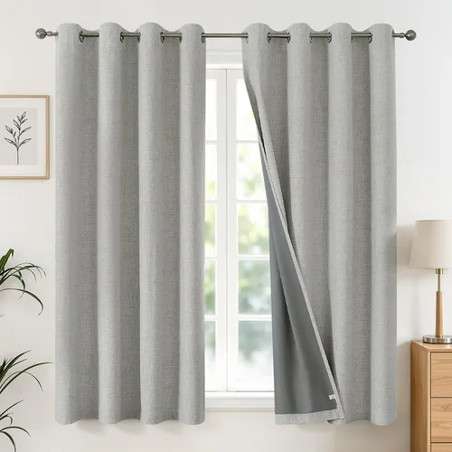 Vista 13 de Joydeco Cortinas negras 100% opacas para dormitorio, oscurecimiento de habitación, aislamiento térmico, cortinas cortas texturizadas con ojales
