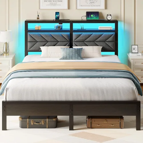 Vista 9 de Seventable Base de cama individual con estación de carga y luces LED, cabecera tapizada con estantes de almacenamiento de 2 niveles, plataforma