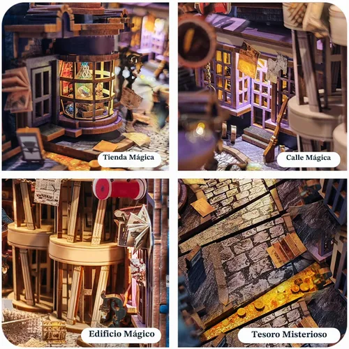 Vista 4 de Kit de rincón de libros mágico - Kit de casa de muñecas en miniatura DIY para adultos y adolescentes, rompecabezas de madera 3D para estantería