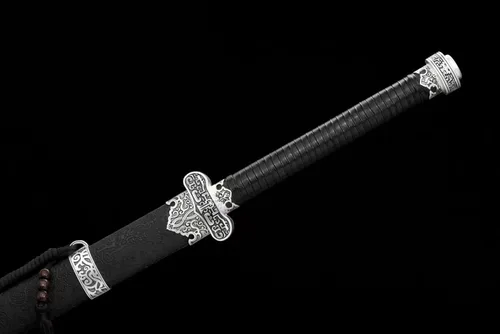 Vista 8 de Espada china, sable de oro negro (cuchillas de acero forjadas de alto carbono, vaina de cuero sintético) tratamiento térmico