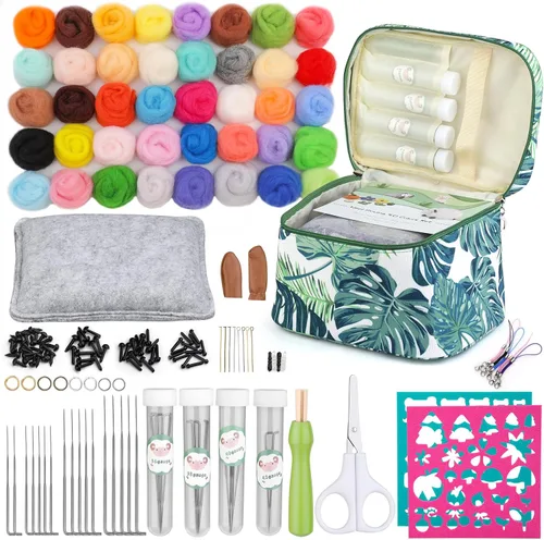 Vista 8 de IMZAY Kit de fieltro de aguja, kit de iniciación de fieltro de aguja con exquisita bolsa de almacenamiento verde, juego de 18 colores de lana, kit