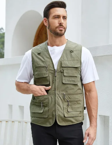 Vista 4 de Gihuo Chaleco de Pesca para Hombre Chaleco de Utilidad Safari Viaje con Bolsillos Trabajo al Aire Libre Foto Cargo Mosca Chaleco de Verano Verde