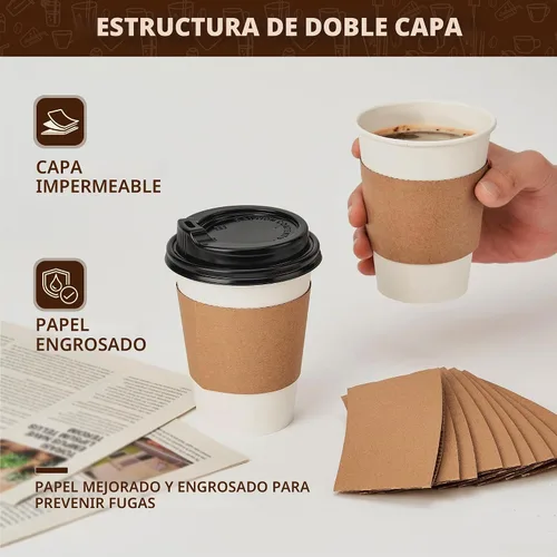 Vista 5 de YEEHAW - Paquete de 50 tazas de café de 12 onzas con tapas y fundas Mangas Kraft blancas