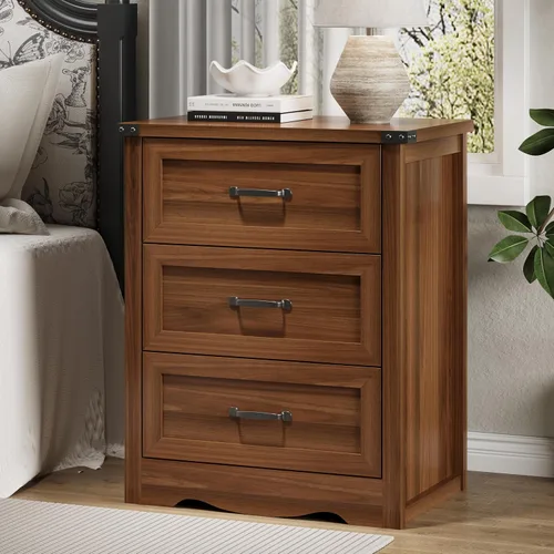 Vista 13 de Mesita de noche con 3 cajones, mesa auxiliar de 61 cm de ancho estilo granja, mesa de noche de madera rústica con asa metálica, cómoda moderna