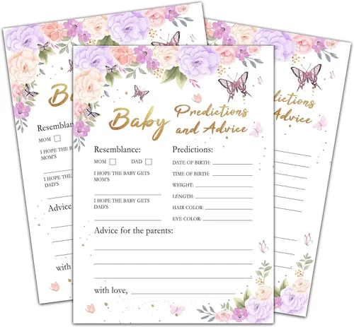 Vista 5 de Juegos de baby shower para niñas, juego de bingo de mariposa púrpura para baby shower, decoraciones florales moradas para fiestas de revelación
