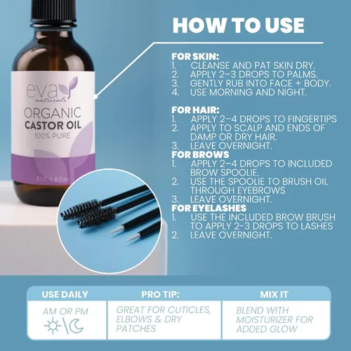 Vista 4 de Eva Naturals Aceite de ricino 100 % puro, prensado en frío para el crecimiento de pestañas, cejas, cabello y pestañas, gotas de suero más gruesas