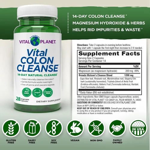Vista 2 de Vital Planet Vital Colon Cleanse Limpiador y desintoxicación de colon de 14 días con hidróxido de magnesio, olmo resbaladizo y aloe para apoyo a