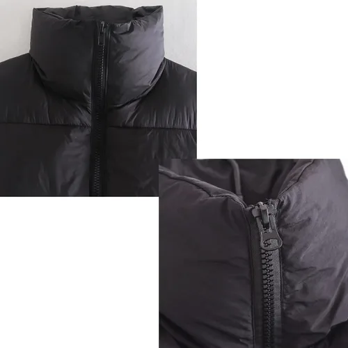 Vista 7 de Hixiaohe Chaleco corto de invierno para mujer, acolchado, ligero, con cuello alto, con cremallera, sin mangas