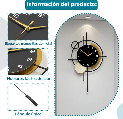 Vista 5 de Reloj de pared para decoración de sala de estar, reloj de pared decorativo con péndulo de cuarzo silencioso, funciona con pilas, reloj grande
