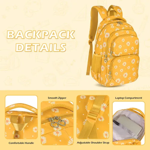 Vista 39 de goldwheat Mochilas impresas margaritas con paquete de almuerzo, estuche de lápices 3pcs, bolsa ligera resistente al agua para la escuela secundaria