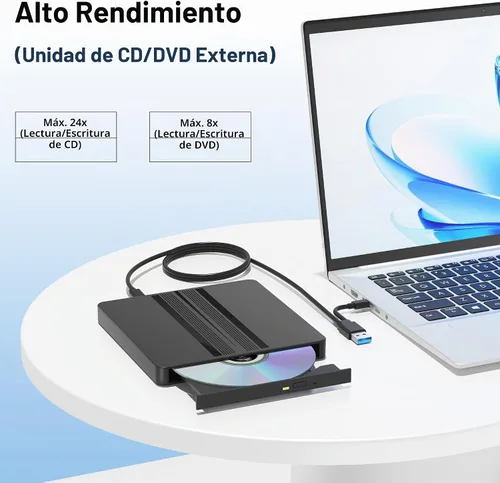 Vista 2 de Unidad externa ultrafina de CD y DVD con cable extralargo de 31.5 pulgadas