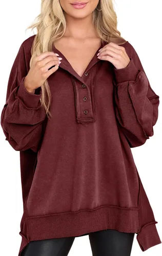 Vista 47 de AlvaQ - Sudadera de gran tamaño para mujer, informal, de manga larga, con botones y cuello Henley, tipo túnica